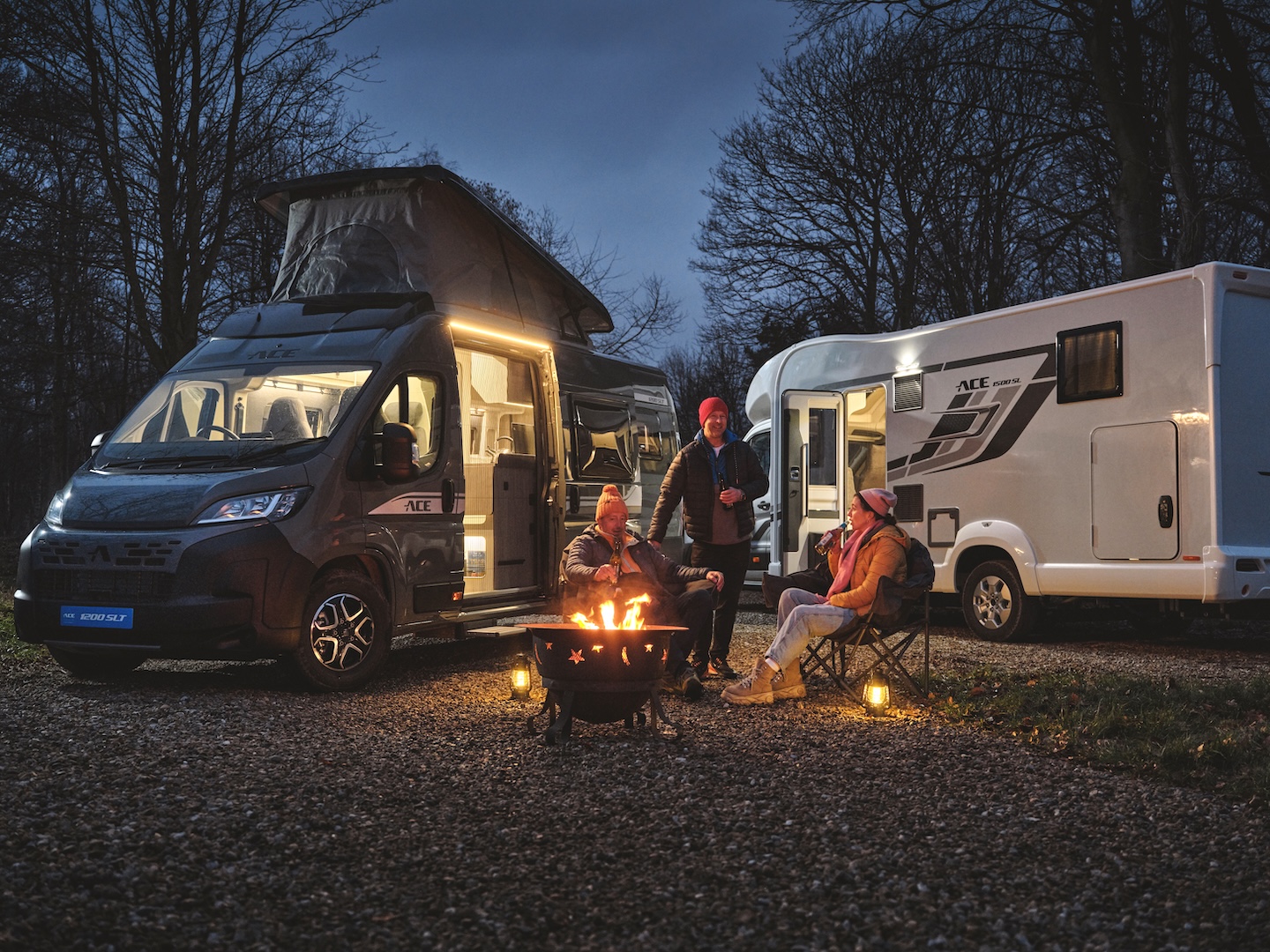 Group of friends camping in motorhome